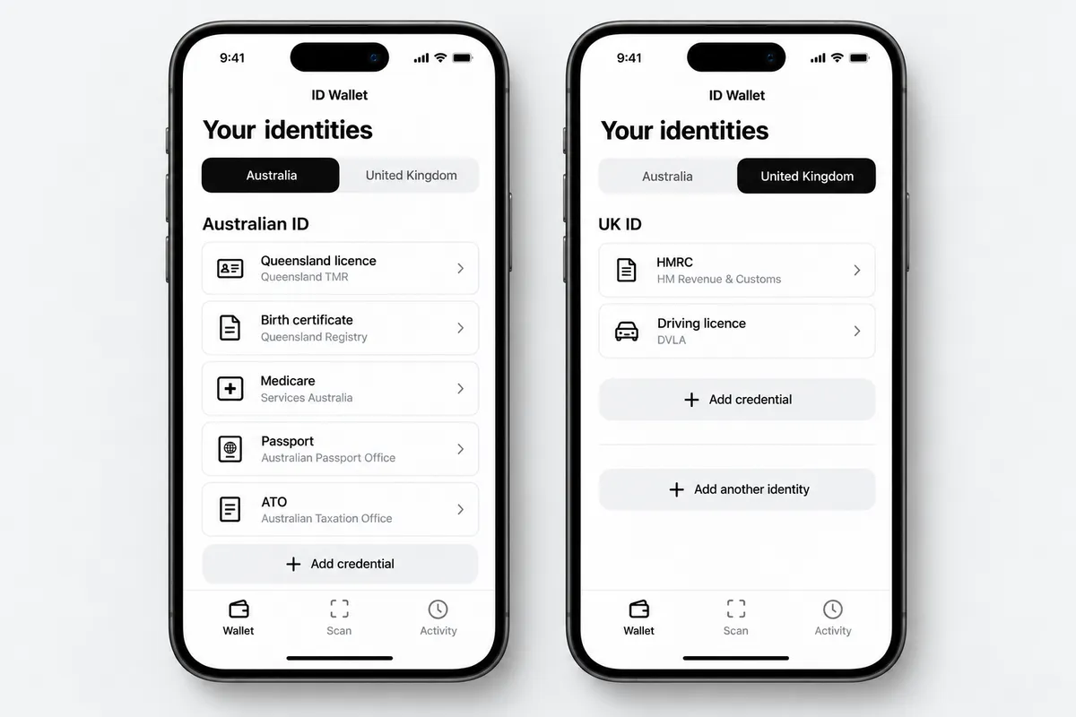 Two views of the same ID Wallet: Australian ID with Queensland licence, birth certificate, Medicare, passport and ATO credentials; UK ID with HMRC and driving licence credentials.