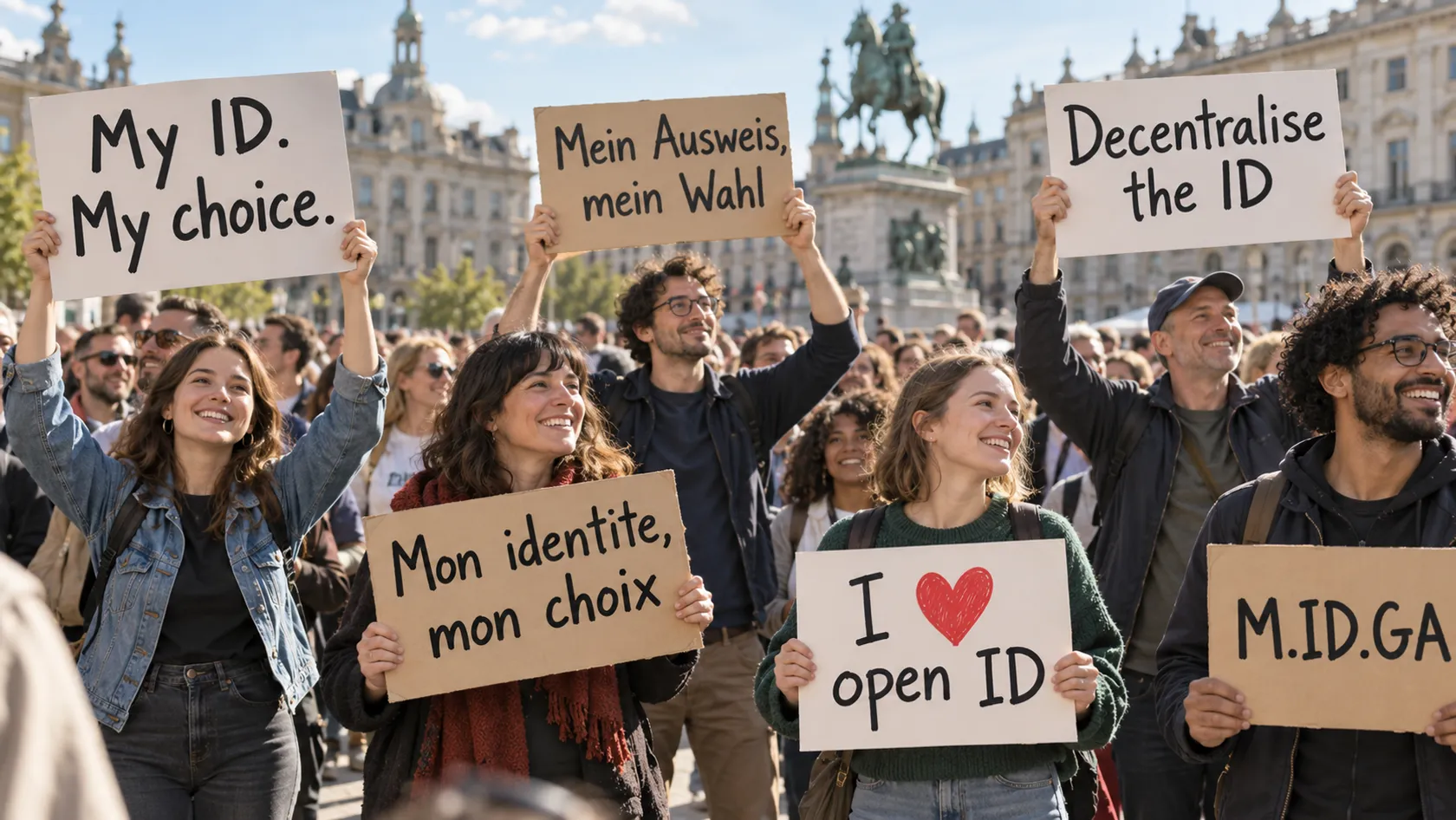 A crowd in a city square holding handwritten signs: My ID. My choice. Mon identité, mon choix. Mein Ausweis, meine Wahl. Decentralise the ID. I love open ID.